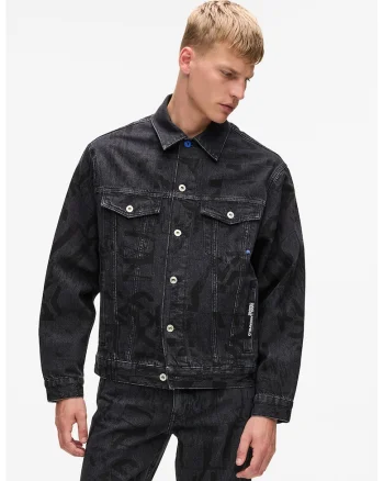 Jacheta din denim cu model monograma, Negru/Albastru ultramarin
