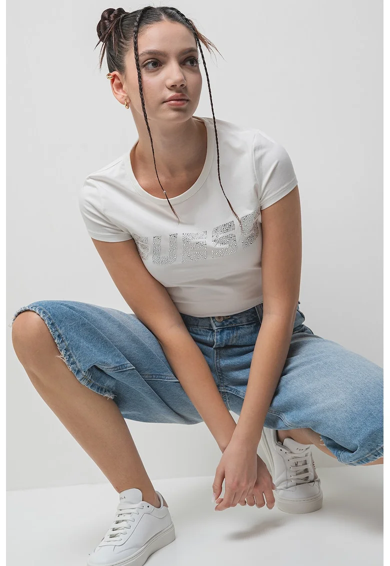 Tricou din amestec de bumbac cu logo din strasuri, Alb murdar