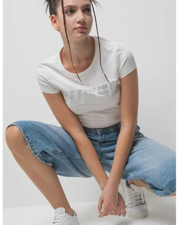 Tricou din amestec de bumbac cu logo din strasuri, Alb murdar