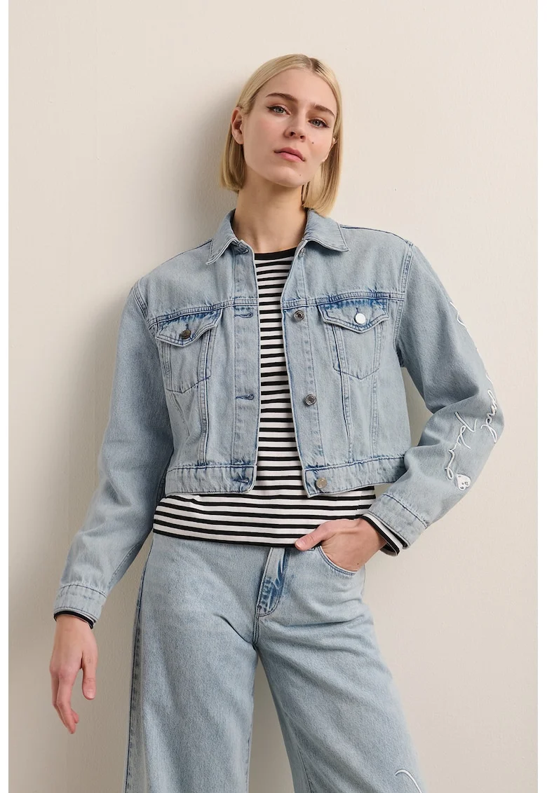 Jacheta din denim cu imprimeu, Albastru glaciar