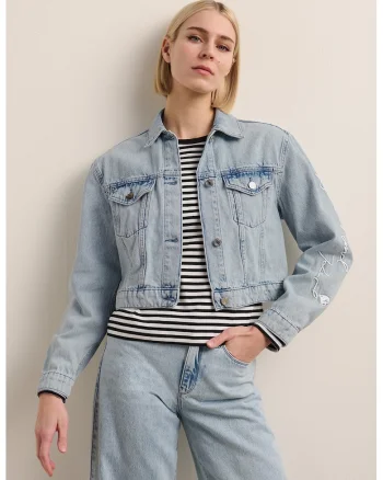 Jacheta din denim cu imprimeu, Albastru glaciar