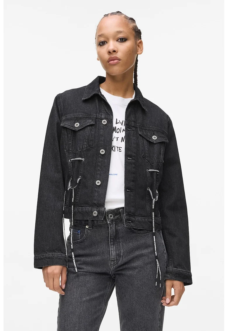 Jacheta de denim din bumbac organic cu detaliu funda, Gri inchis