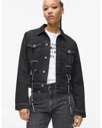 Jacheta de denim din bumbac organic cu detaliu funda, Gri inchis