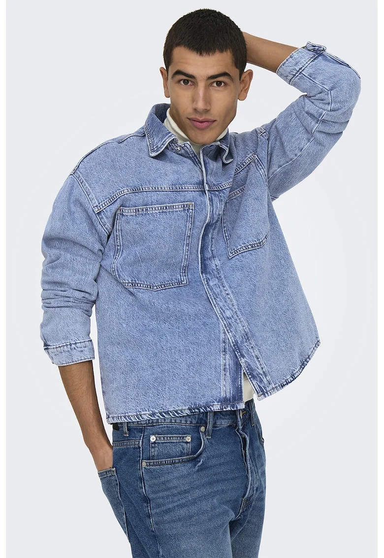 Jacheta de denim cu buzunare pe piept, Albastru melange