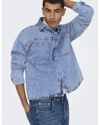 Jacheta de denim cu buzunare pe piept, Albastru melange