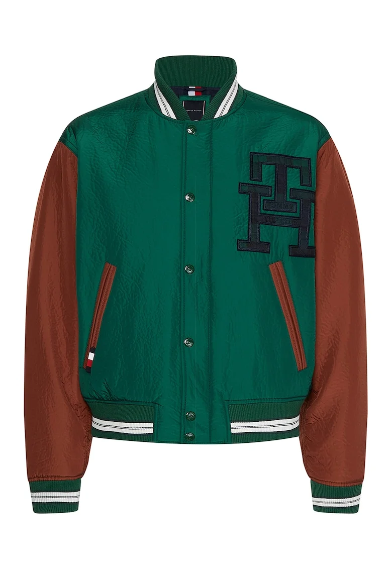 Jacheta college cu model colorblock, Verde/Rosu inchis