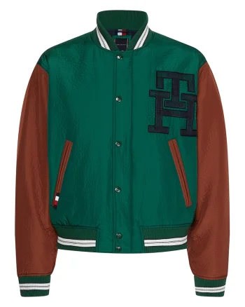 Jacheta college cu model colorblock, Verde/Rosu inchis