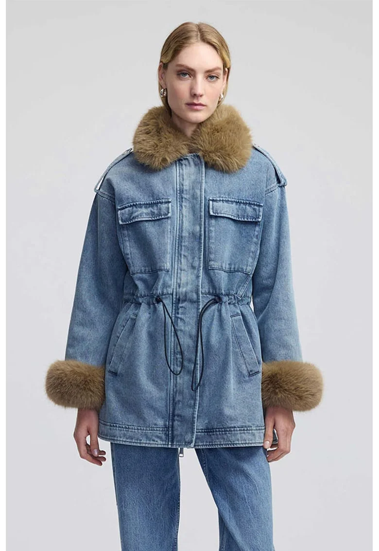 Jacheta din denim cu blana sintetica, Albastru deschis melange