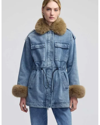 Jacheta din denim cu blana sintetica, Albastru deschis melange