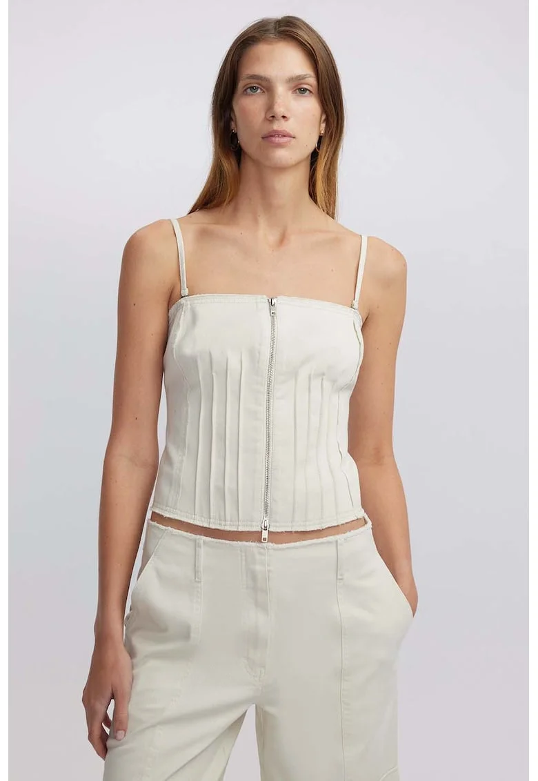 Top crop de bumbac cu fermoar, Alb fildes