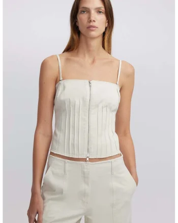 Top crop de bumbac cu fermoar, Alb fildes