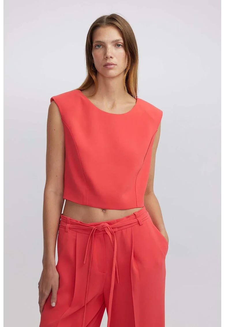 Top crop cu decolteu rotund, Coral