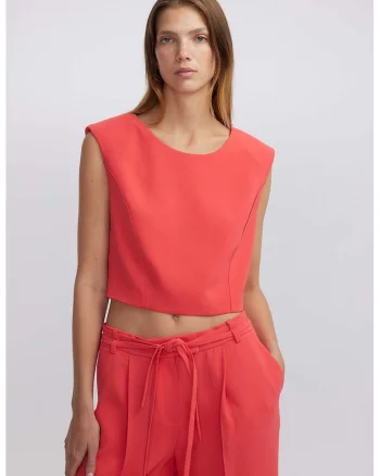 Top crop cu decolteu rotund, Coral