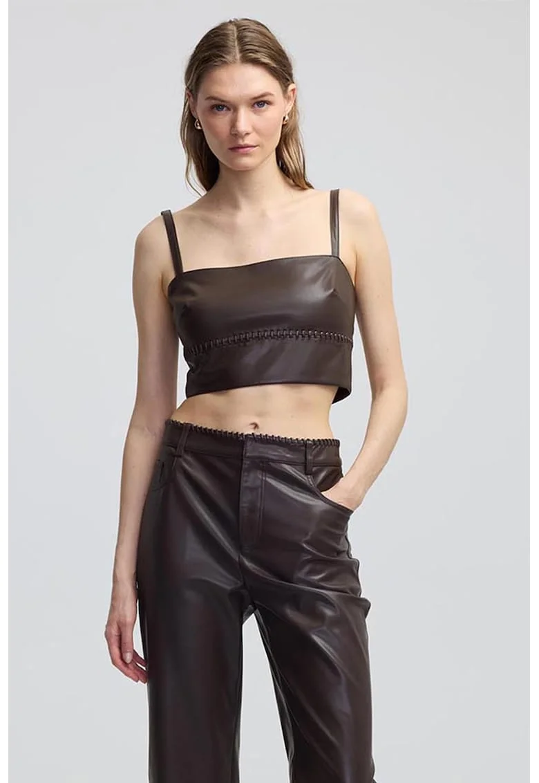Top crop de piele ecologica, Maro inchis