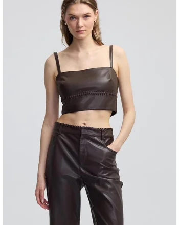 Top crop de piele ecologica, Maro inchis