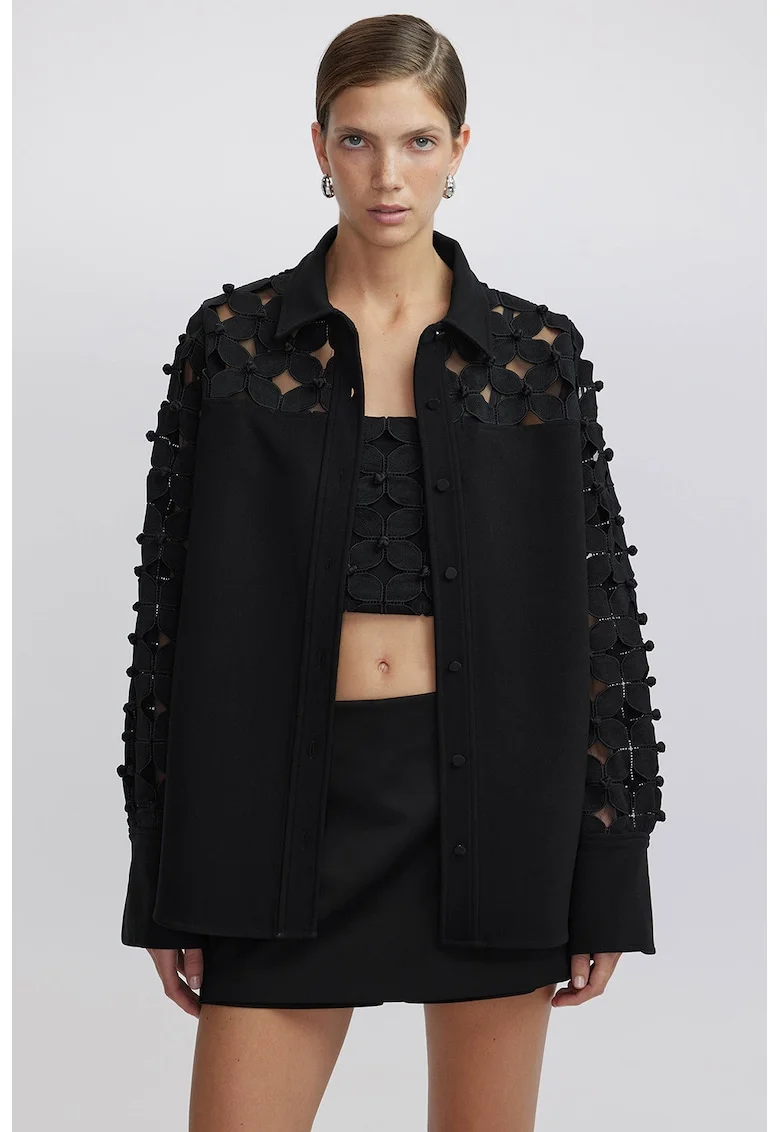 Jacheta-camasa cu detalii decupate si model floral, Negru/Transparent