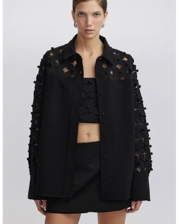 Jacheta-camasa cu detalii decupate si model floral, Negru/Transparent