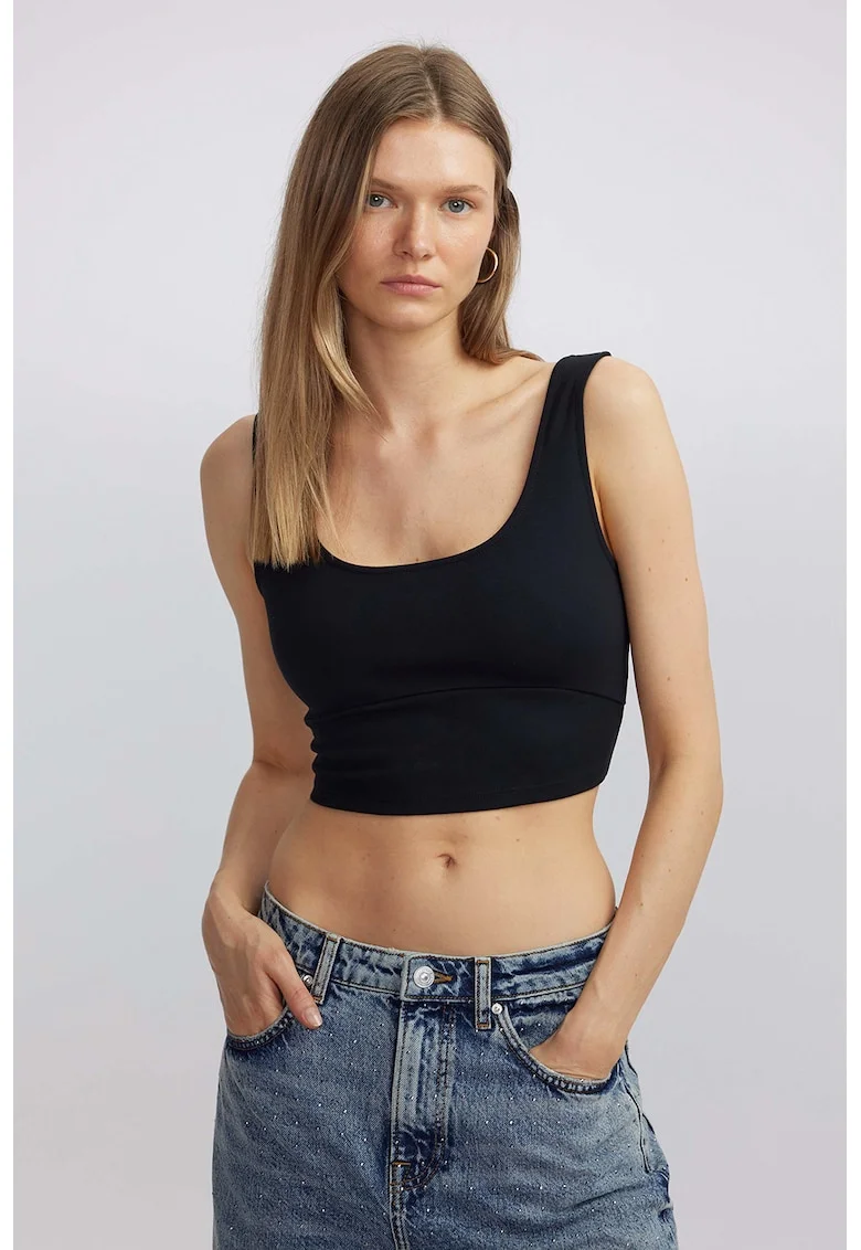 Top crop cu decolteu patrat, Negru