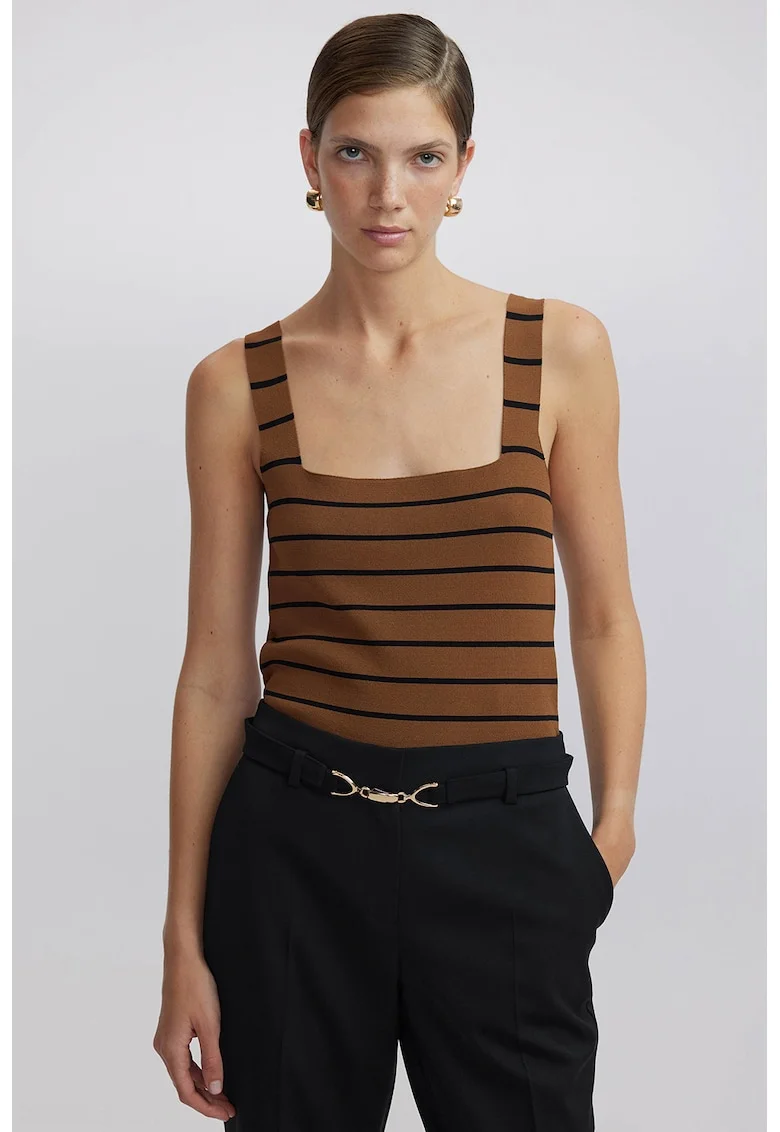Top tricotat slim-fit, Negru/Maro scortisoara