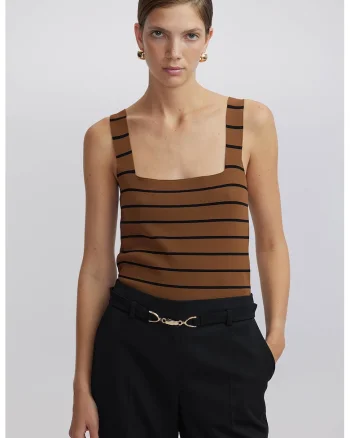 Top tricotat slim-fit, Negru/Maro scortisoara