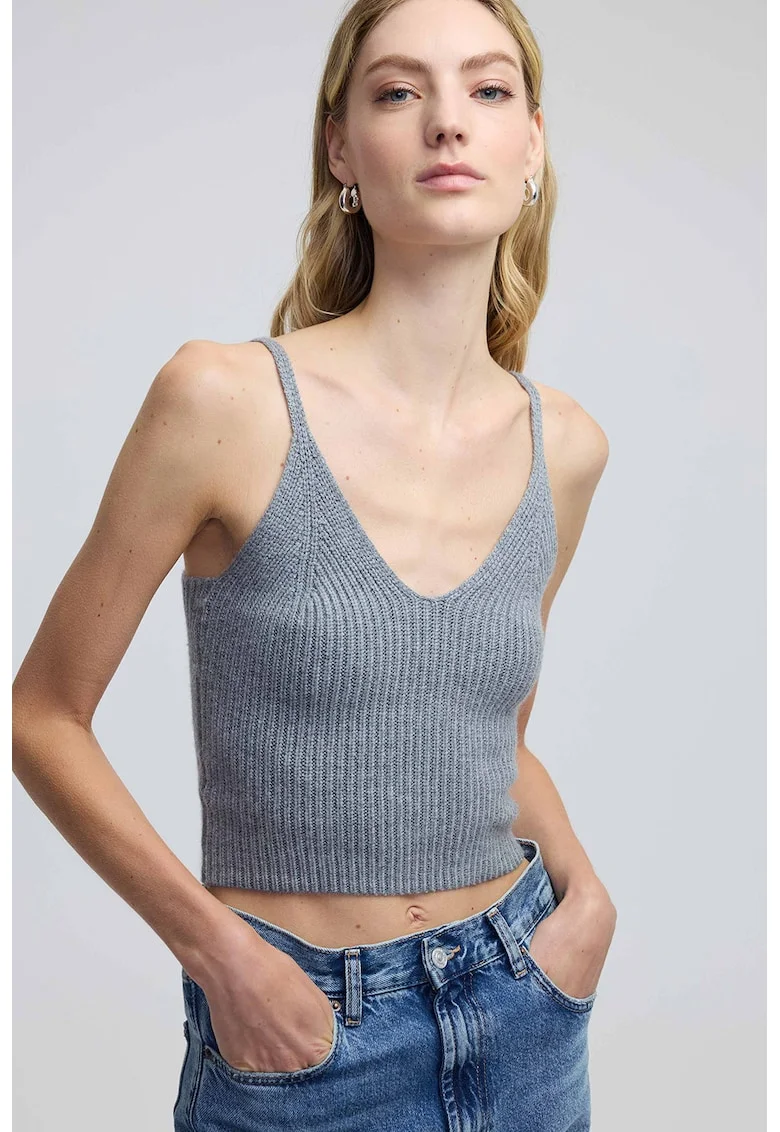 Top crop din tricot, Gri melange