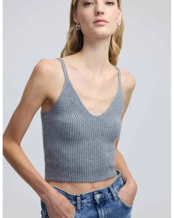Top crop din tricot, Gri melange