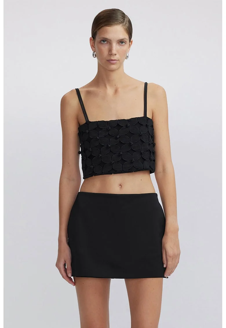 Top crop cu aplicatii florale, Negru