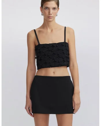 Top crop cu aplicatii florale, Negru