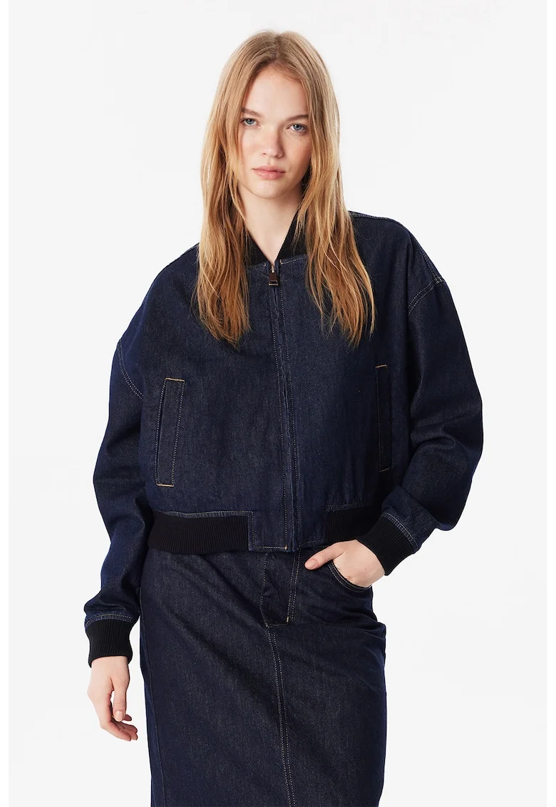 Jacheta bomber supradimensionata din denim, Albastru inchis