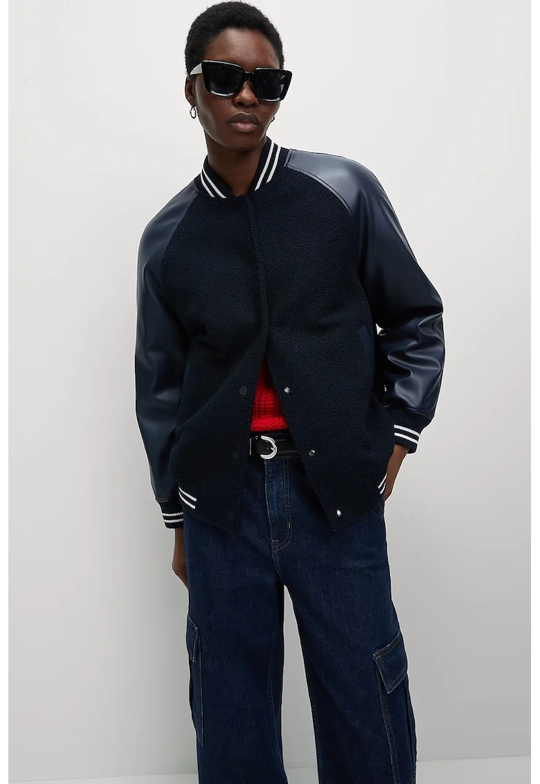 Jacheta bomber cu segmente din fleece, Albastru ultramarin