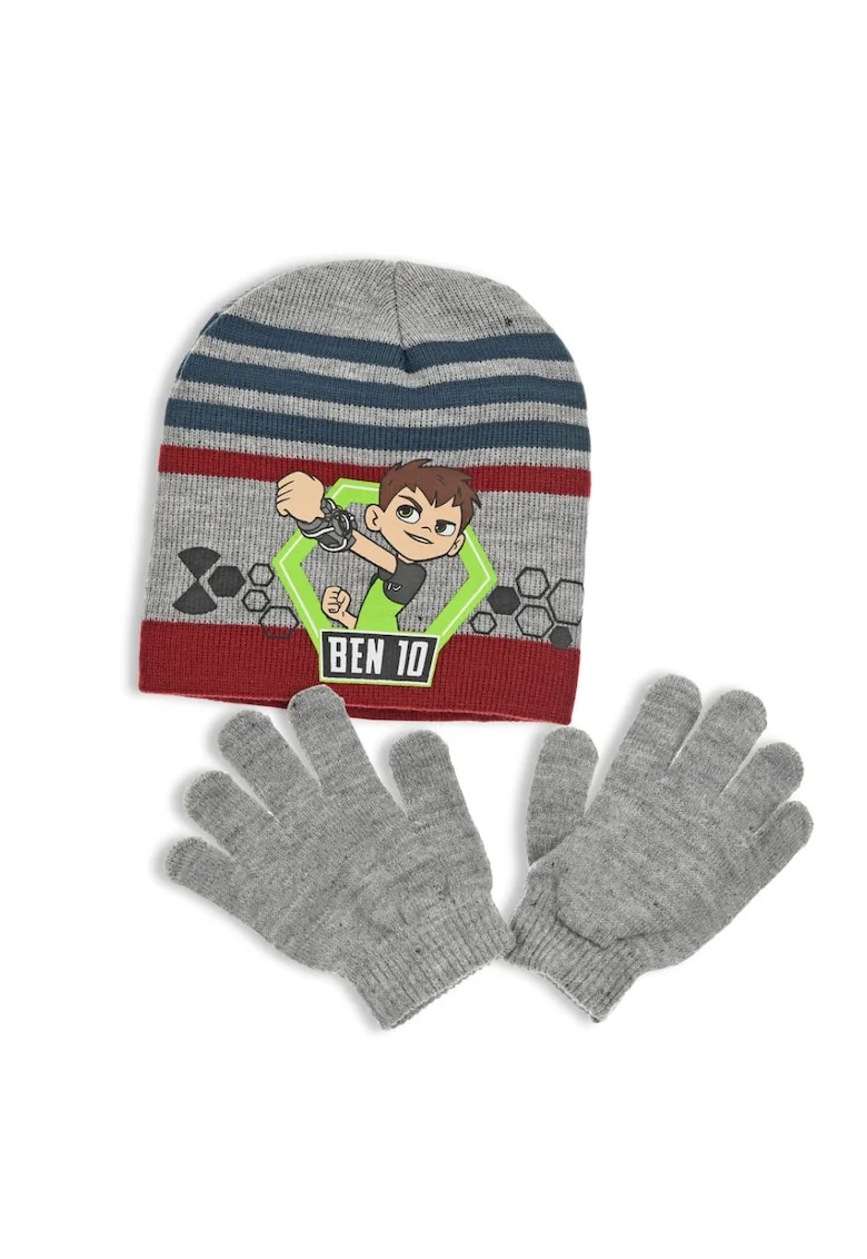 Set caciula si manusi, 2 piese, baieti,, Visiniu/Gri