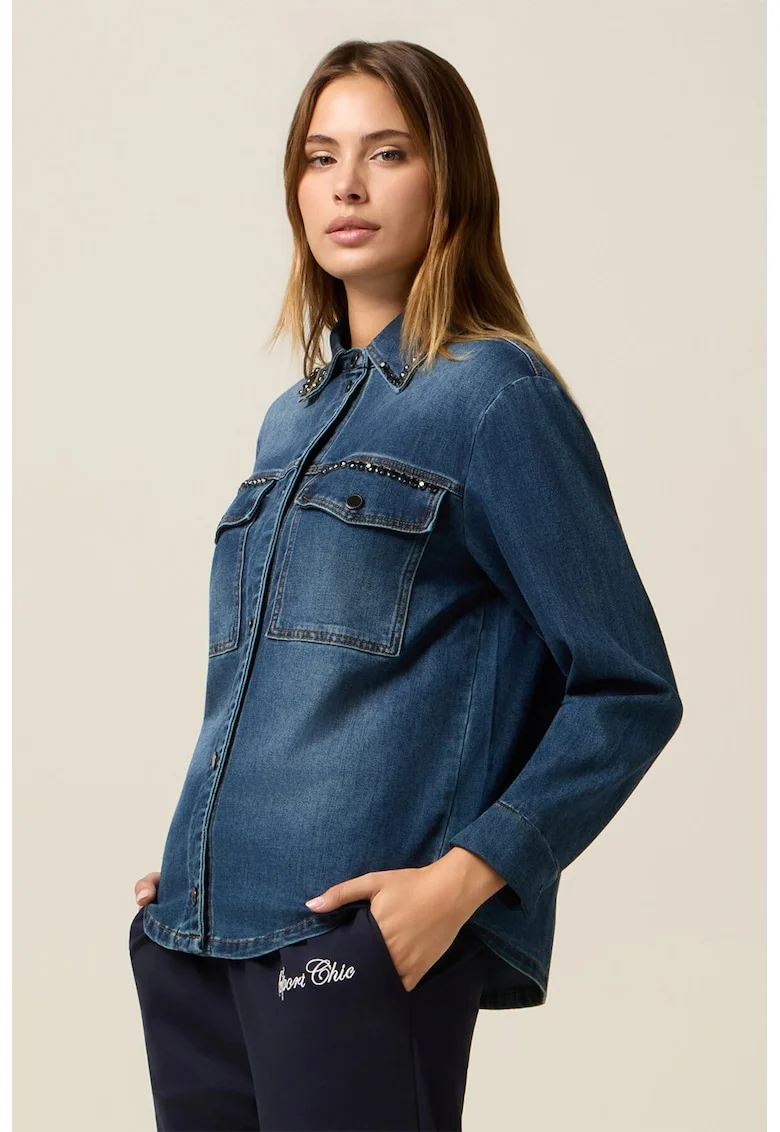 Jacheta-camasa de denim cu buzunare pe piept, Albastru melange