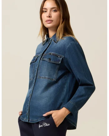 Jacheta-camasa de denim cu buzunare pe piept, Albastru melange