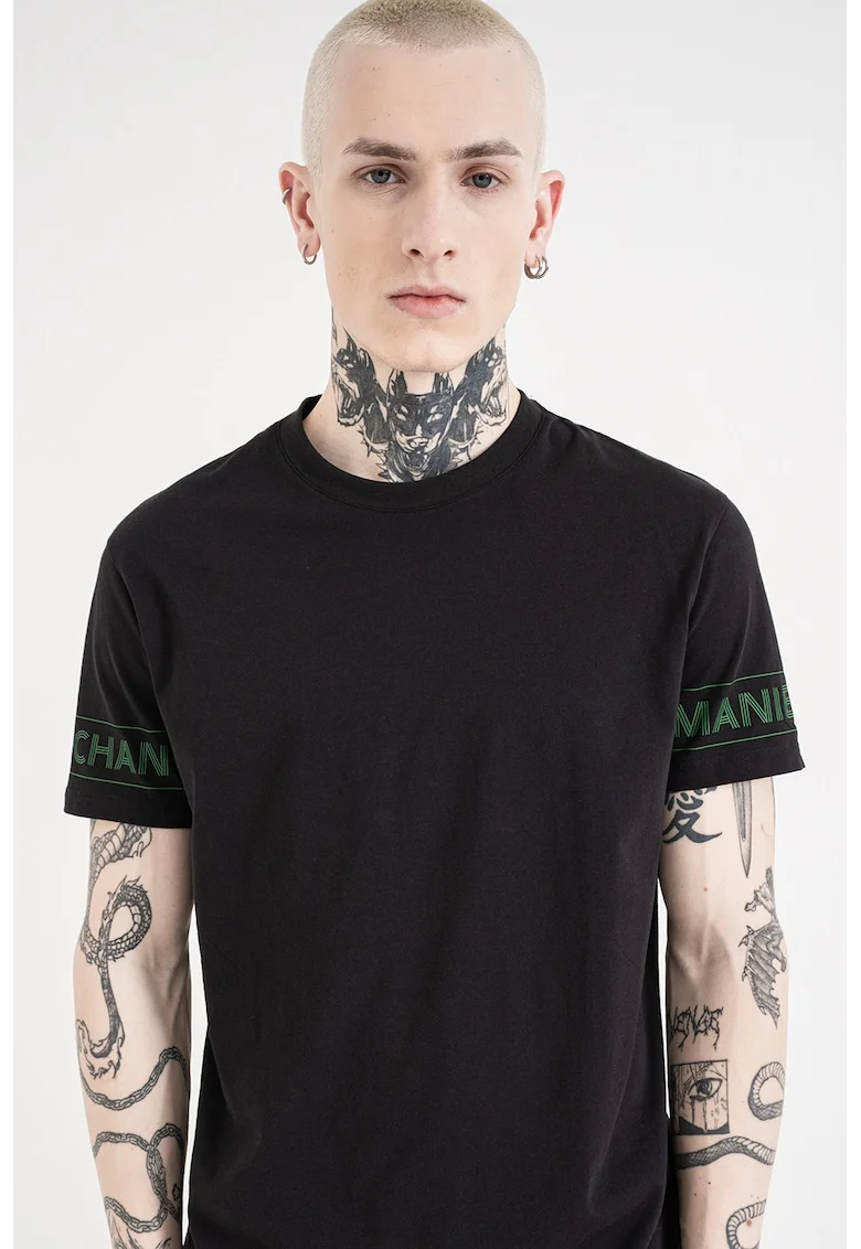 Tricou de bumbac cu logo pe maneca, Verde/Negru