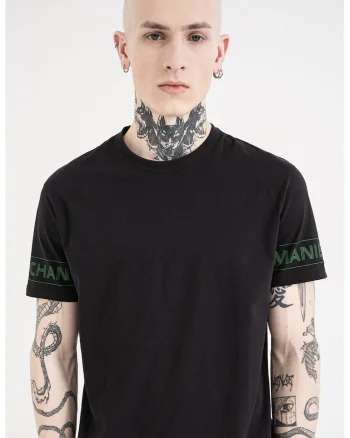 Tricou de bumbac cu logo pe maneca, Verde/Negru