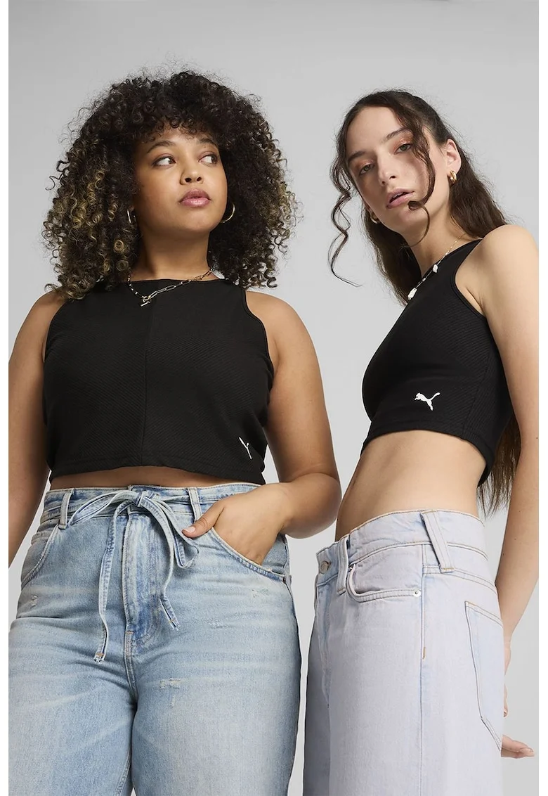 Top crop din amestec de bumbac cu aspect striat, Negru