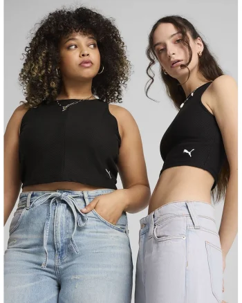 Top crop din amestec de bumbac cu aspect striat, Negru