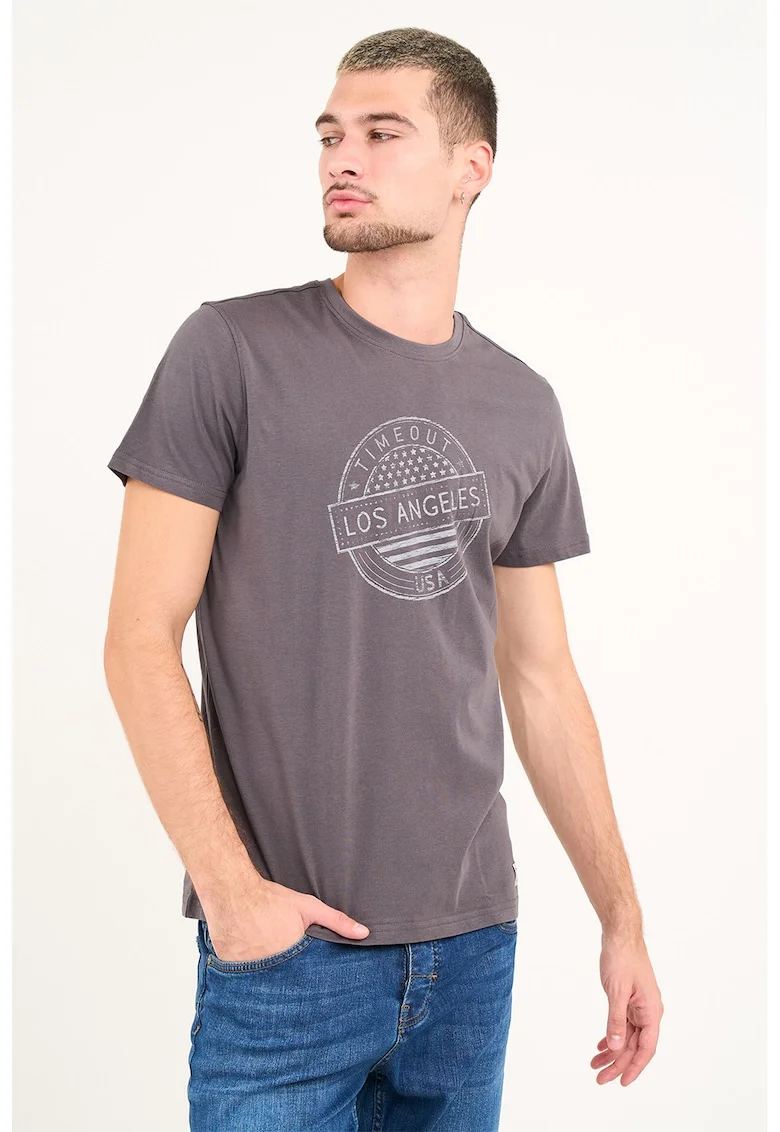 Tricou cu design grafic si decolteu la baza gatului, Lila pal