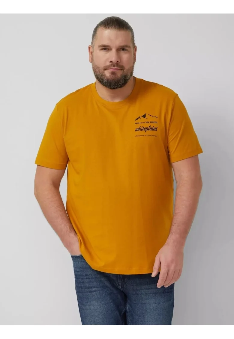 Big Sizes Tricou barbati big sizes, cu decolteu la baza gatului si imprimeu cu text, Galben inchis