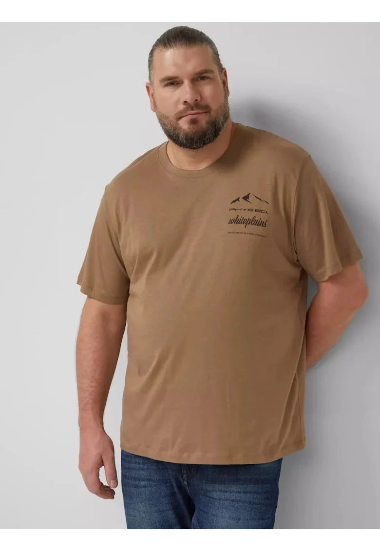 Big Sizes Tricou barbati big sizes, cu decolteu la baza gatului si imprimeu cu text, Maro