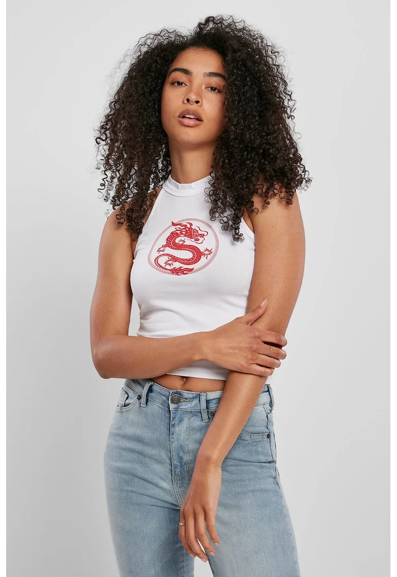 Top crop cu imprimeu grafic, Alb