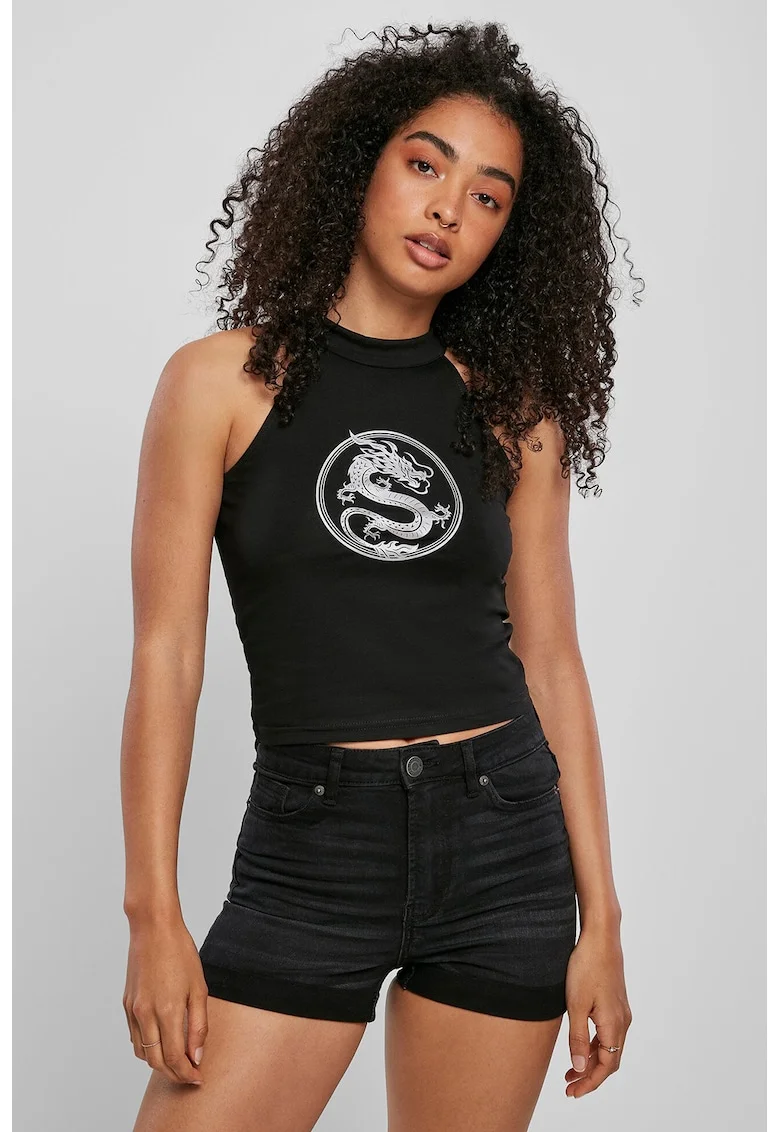 Top crop cu imprimeu grafic, Negru