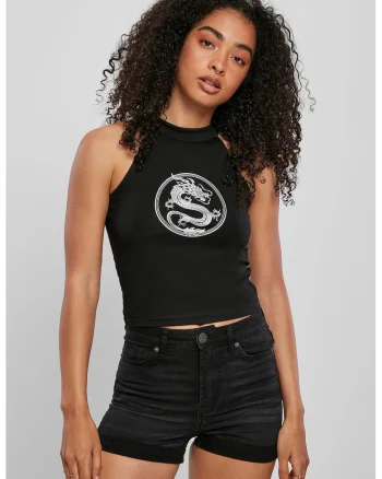 Top crop cu imprimeu grafic, Negru