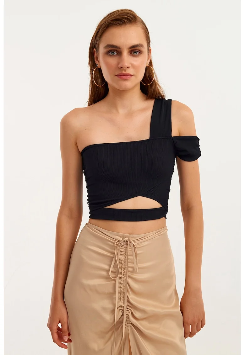 Top crop cu prindere cu snururi la terminatie, Negru