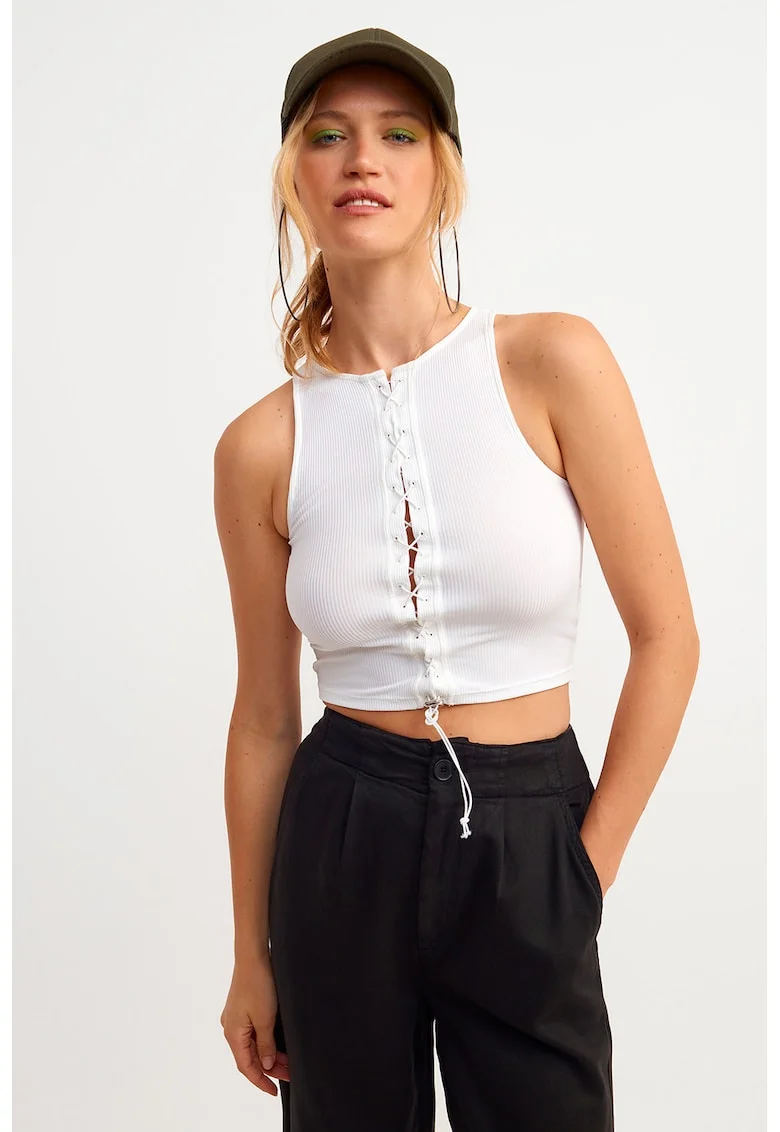 Top slim-fit striat cu detaliu decupat, Alb optic