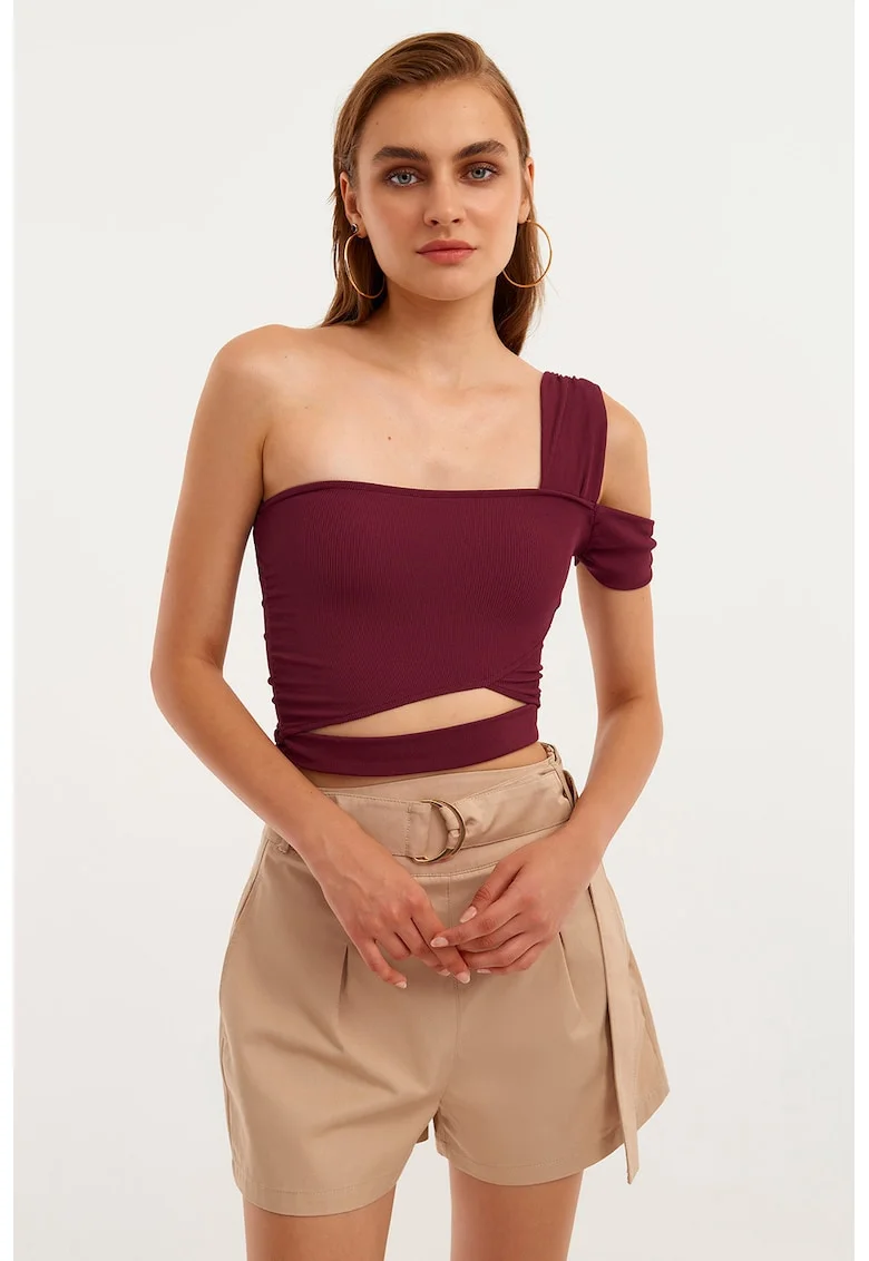 Top crop cu prindere cu snururi la terminatie, Violet pruna