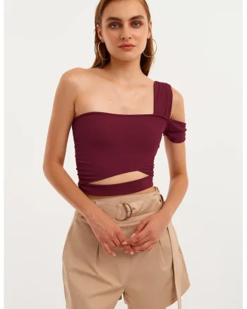 Top crop cu prindere cu snururi la terminatie, Violet pruna