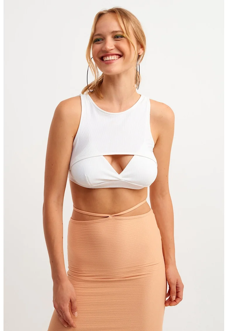 Top crop cu detaliu decupat, Alb optic