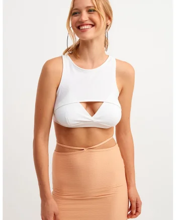 Top crop cu detaliu decupat, Alb optic