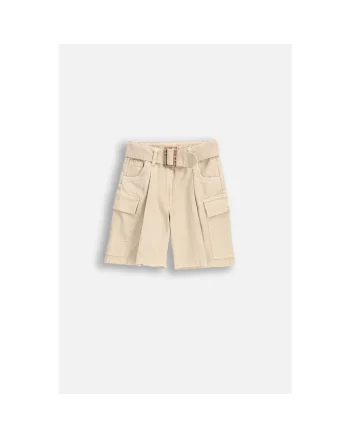 Pantaloni scurti copii,  ecru, bumbac, curea reglabila, buzunare practice